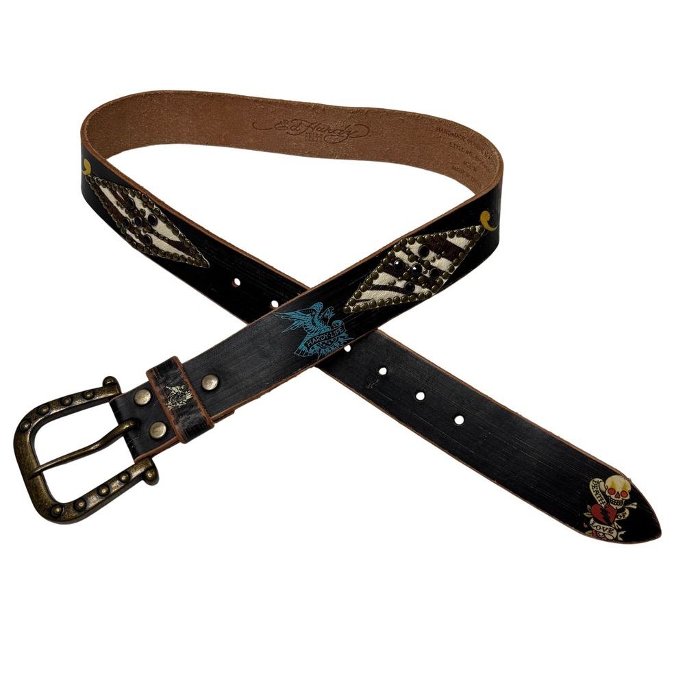 Ed Hardy Leather Belt M Black Skull Eagle Tattoo Rhinestone Studded Y2K